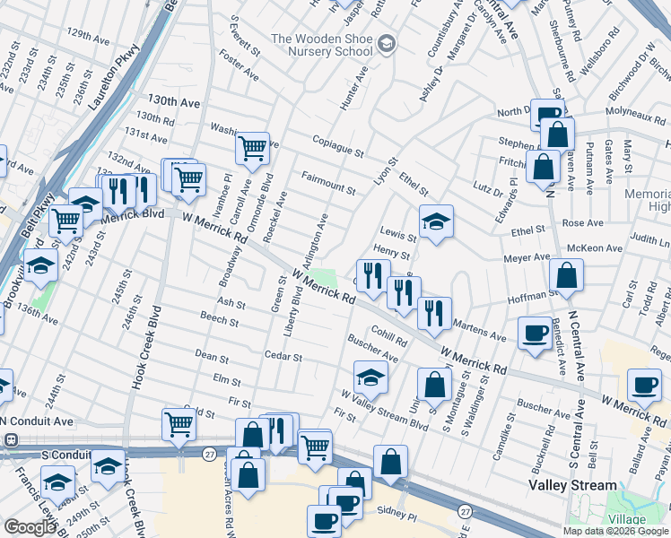 map of restaurants, bars, coffee shops, grocery stores, and more near 39 Lyon Street in Valley Stream