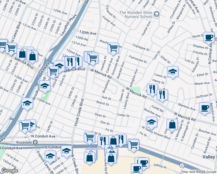 map of restaurants, bars, coffee shops, grocery stores, and more near 32 Broadway in Valley Stream