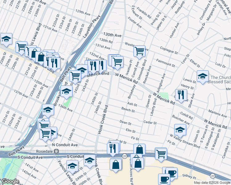 map of restaurants, bars, coffee shops, grocery stores, and more near 47 West End Avenue in Valley Stream