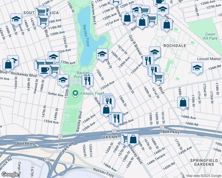map of restaurants, bars, coffee shops, grocery stores, and more near 155-16 132nd Avenue in Queens