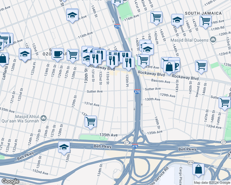 map of restaurants, bars, coffee shops, grocery stores, and more near 12275 134th Street in Queens