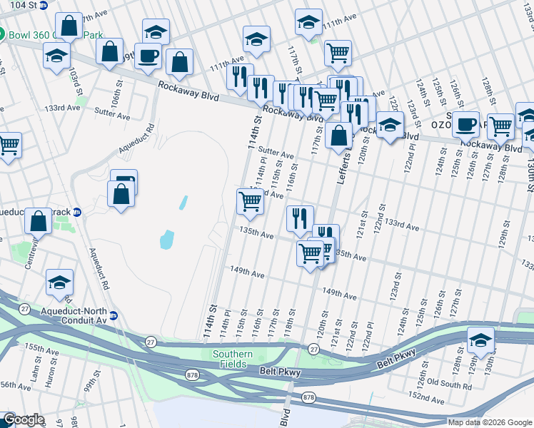 map of restaurants, bars, coffee shops, grocery stores, and more near 133-13 115th Street in Queens
