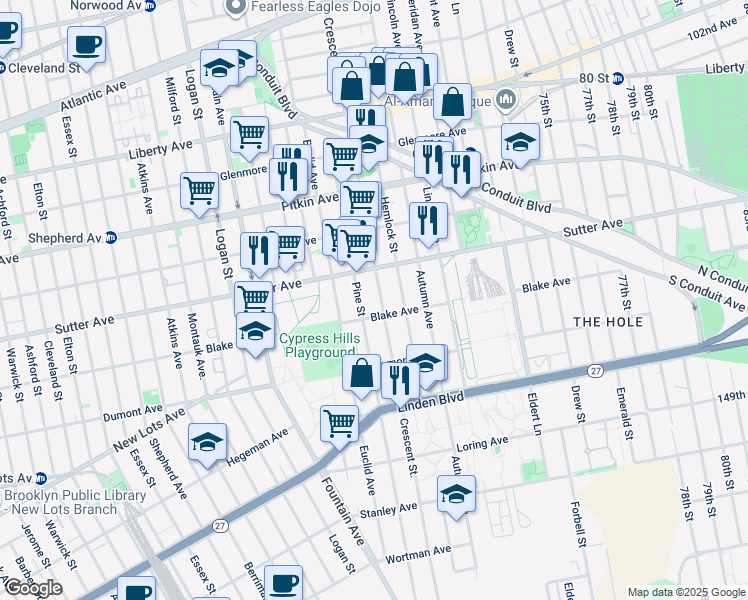 map of restaurants, bars, coffee shops, grocery stores, and more near 623 Crescent Street in Brooklyn
