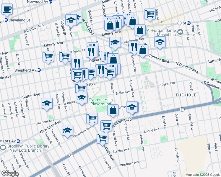 map of restaurants, bars, coffee shops, grocery stores, and more near 526 Pine Street in Brooklyn