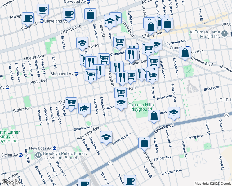 map of restaurants, bars, coffee shops, grocery stores, and more near 1163 Sutter Avenue in Brooklyn