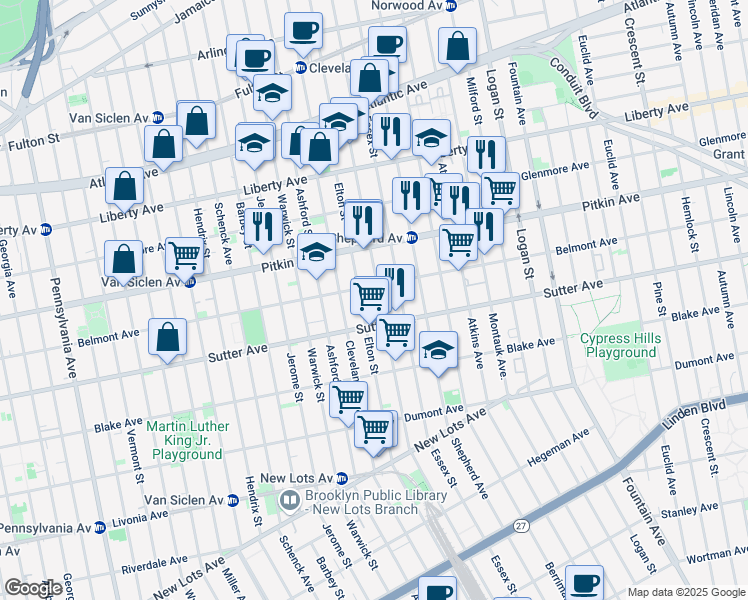 map of restaurants, bars, coffee shops, grocery stores, and more near 522 Linwood Street in Brooklyn