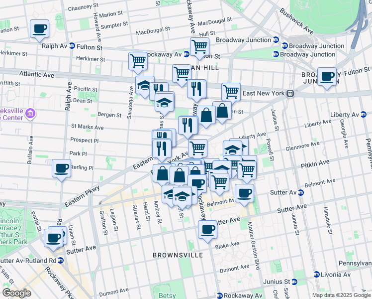 map of restaurants, bars, coffee shops, grocery stores, and more near 1700 Eastern Parkway in Brooklyn