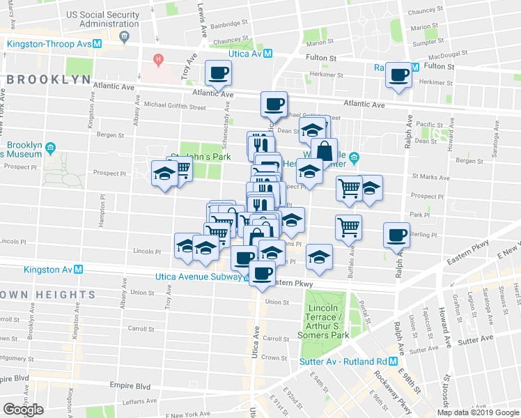 map of restaurants, bars, coffee shops, grocery stores, and more near 187 Utica Avenue in Brooklyn