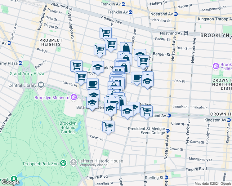 map of restaurants, bars, coffee shops, grocery stores, and more near 625 Saint Johns Place in Brooklyn