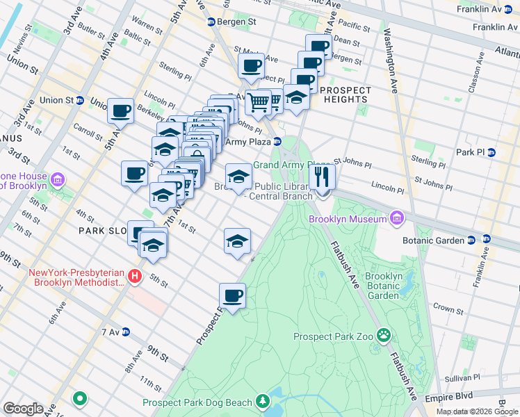map of restaurants, bars, coffee shops, grocery stores, and more near 916 President Street in Brooklyn