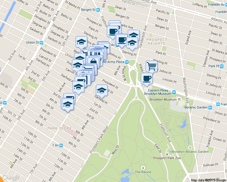 map of restaurants, bars, coffee shops, grocery stores, and more near 916 President Street in Brooklyn