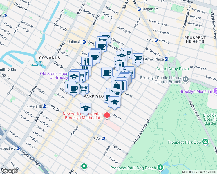 map of restaurants, bars, coffee shops, grocery stores, and more near 293 6th Avenue in Brooklyn