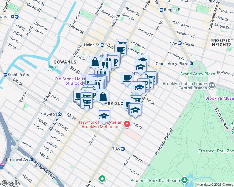 map of restaurants, bars, coffee shops, grocery stores, and more near 412 2nd Street in Brooklyn