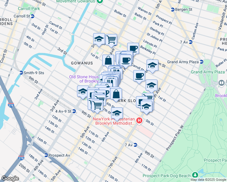 map of restaurants, bars, coffee shops, grocery stores, and more near 341 5th Avenue in Brooklyn