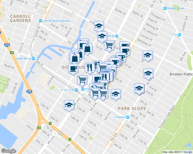 map of restaurants, bars, coffee shops, grocery stores, and more near 271-333 5th Street in Brooklyn