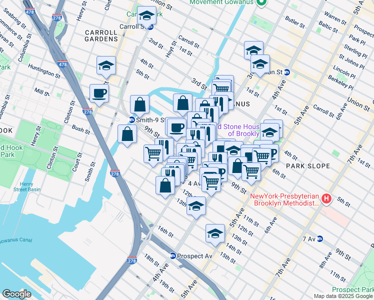 map of restaurants, bars, coffee shops, grocery stores, and more near 122 8th Street in Brooklyn
