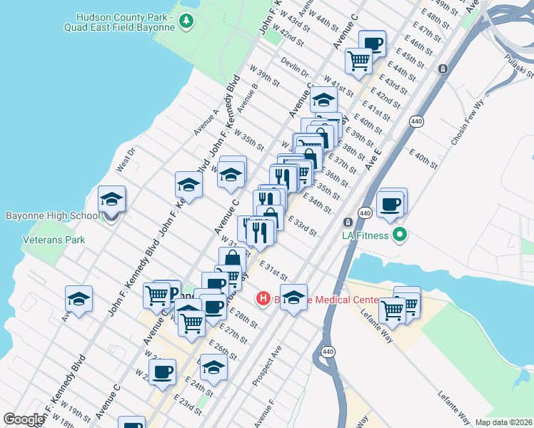 map of restaurants, bars, coffee shops, grocery stores, and more near 15 West 33rd Street in Bayonne