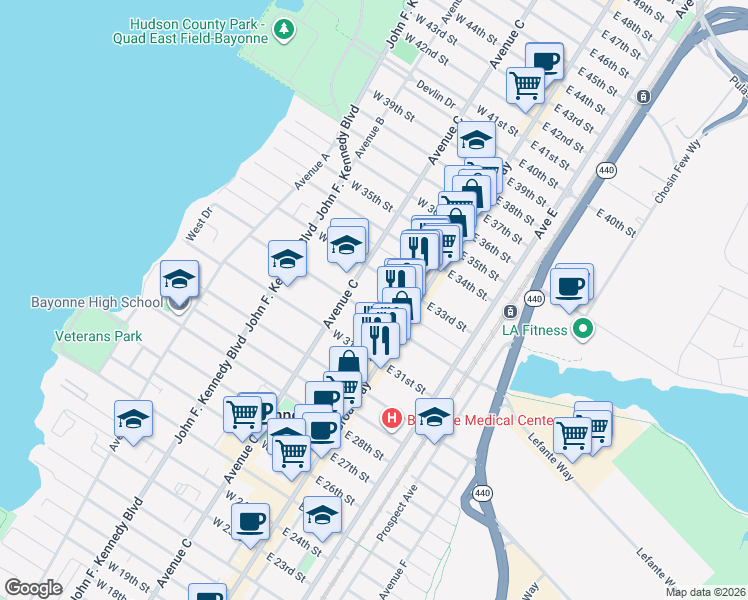 map of restaurants, bars, coffee shops, grocery stores, and more near 44 West 33rd Street in Bayonne