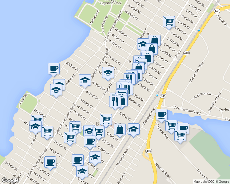 map of restaurants, bars, coffee shops, grocery stores, and more near 44 West 33rd Street in Bayonne