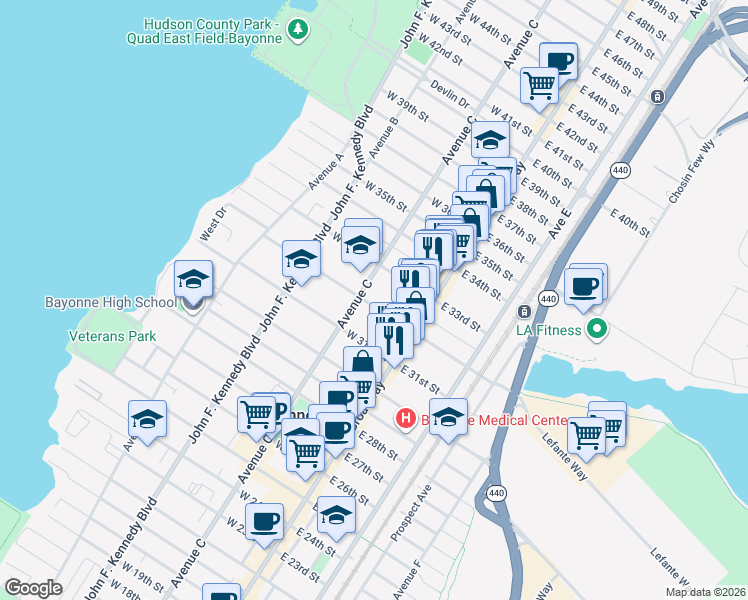 map of restaurants, bars, coffee shops, grocery stores, and more near 44 West 33rd Street in Bayonne