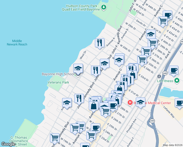 map of restaurants, bars, coffee shops, grocery stores, and more near 143 West 30th Street in Bayonne