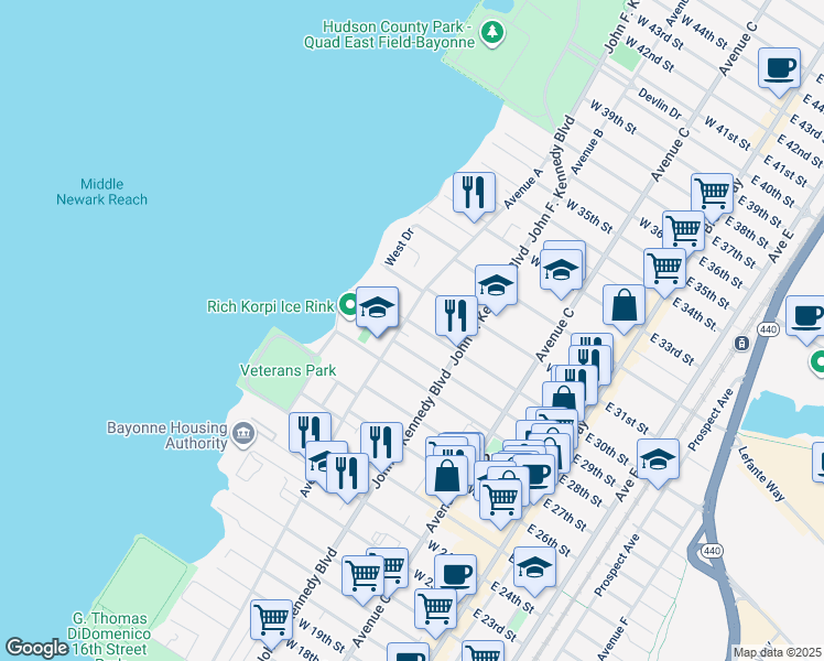 map of restaurants, bars, coffee shops, grocery stores, and more near 6 West 30th Street in Bayonne
