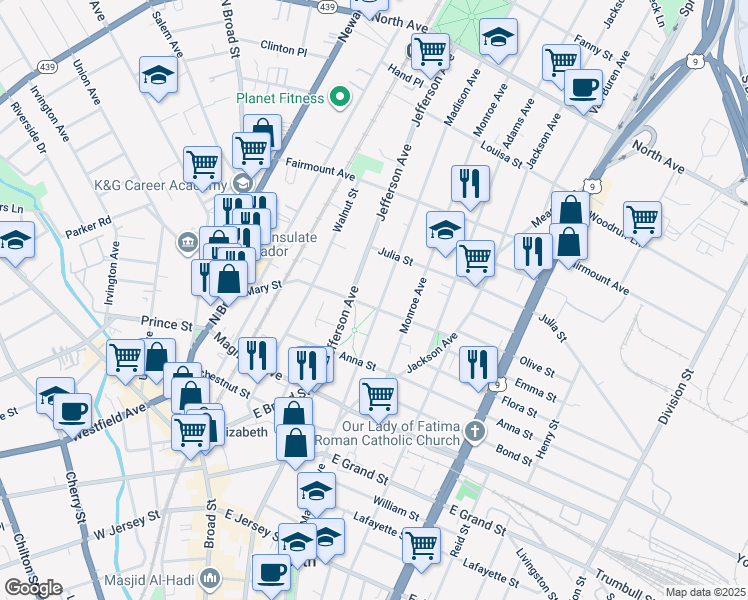 map of restaurants, bars, coffee shops, grocery stores, and more near 513 Jefferson Avenue in Elizabeth