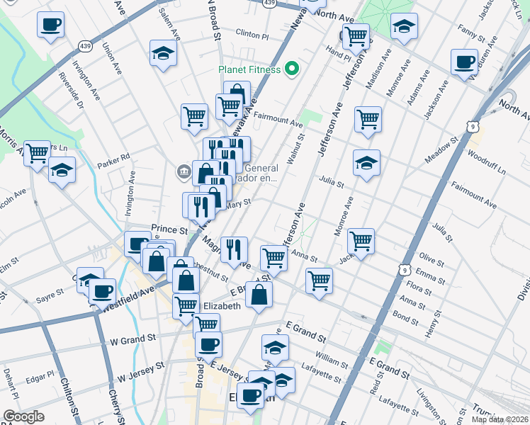 map of restaurants, bars, coffee shops, grocery stores, and more near 1174 Mary Street in Elizabeth