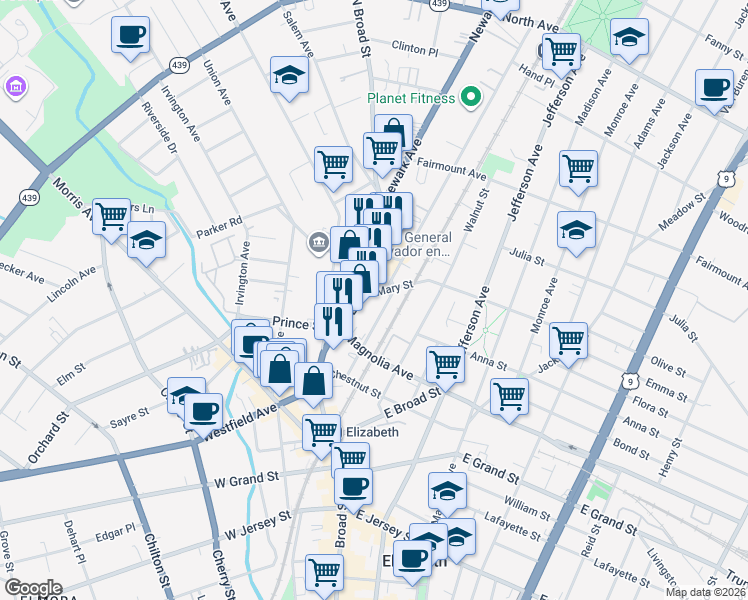 map of restaurants, bars, coffee shops, grocery stores, and more near 440 North Broad Street in Elizabeth