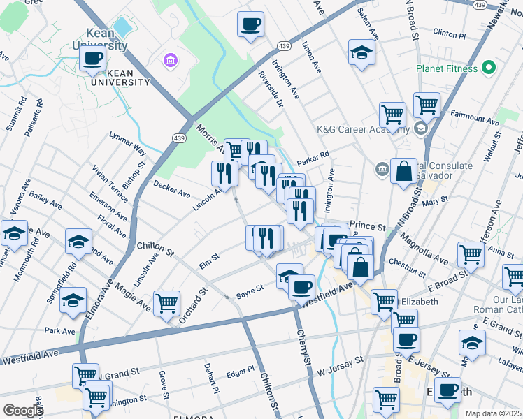 map of restaurants, bars, coffee shops, grocery stores, and more near 506 Morris Avenue in Elizabeth