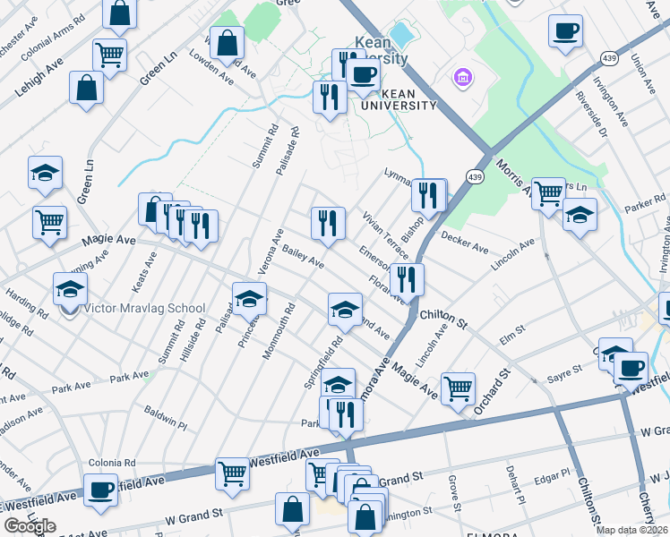map of restaurants, bars, coffee shops, grocery stores, and more near 770 Floral Avenue in Elizabeth