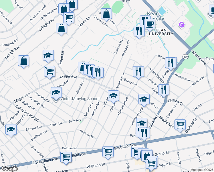 map of restaurants, bars, coffee shops, grocery stores, and more near 311 Hillside Road in Elizabeth