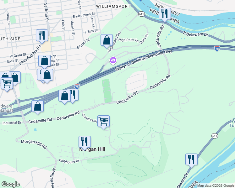 map of restaurants, bars, coffee shops, grocery stores, and more near 275 Cedar Park Boulevard in Easton