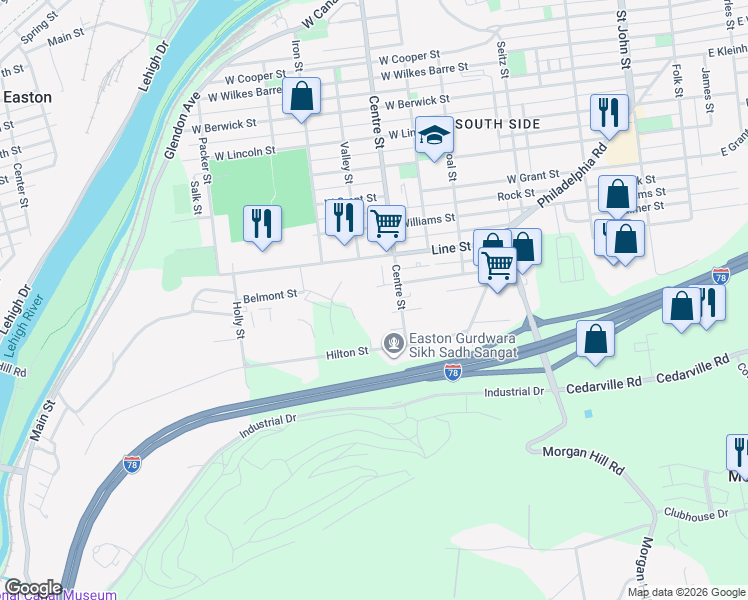 map of restaurants, bars, coffee shops, grocery stores, and more near 1105 Centre Street in Easton