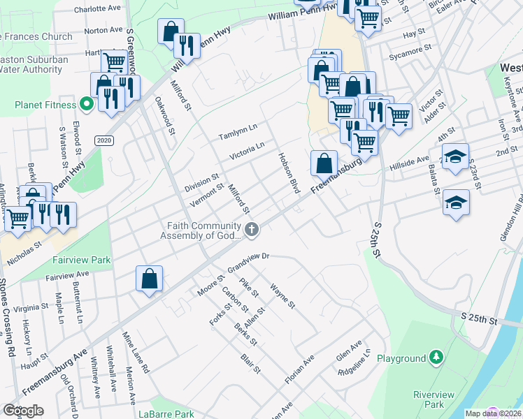 map of restaurants, bars, coffee shops, grocery stores, and more near 2811 Oregon Street in Easton