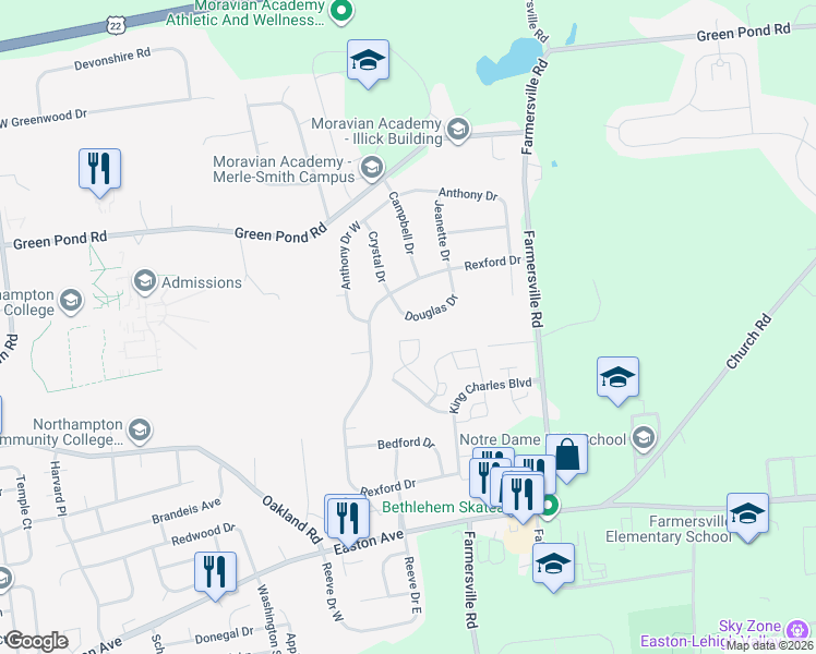 map of restaurants, bars, coffee shops, grocery stores, and more near 4161 Douglas Drive in Bethlehem
