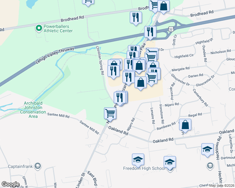 map of restaurants, bars, coffee shops, grocery stores, and more near 3743 Nazareth Pike in Bethlehem