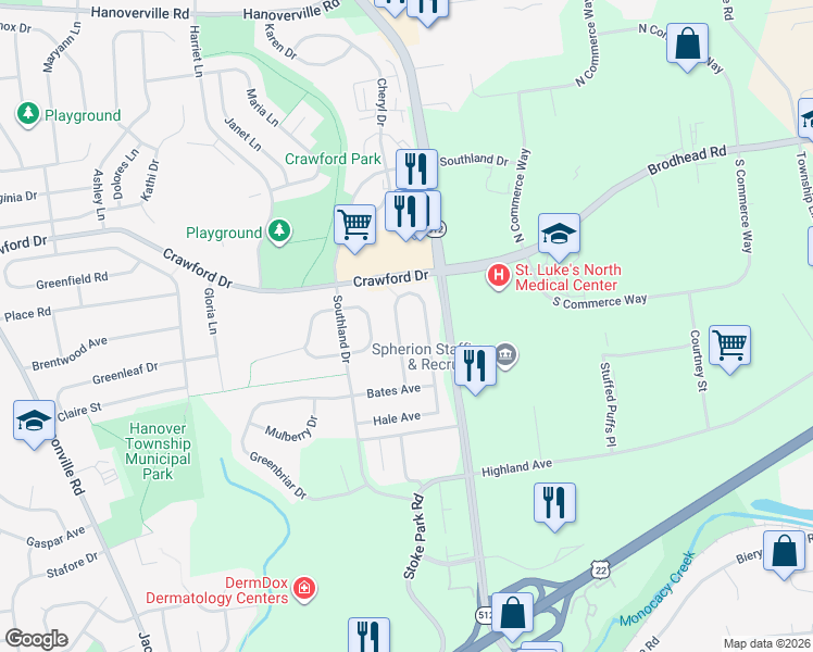 map of restaurants, bars, coffee shops, grocery stores, and more near 3897 Post Drive in Bethlehem