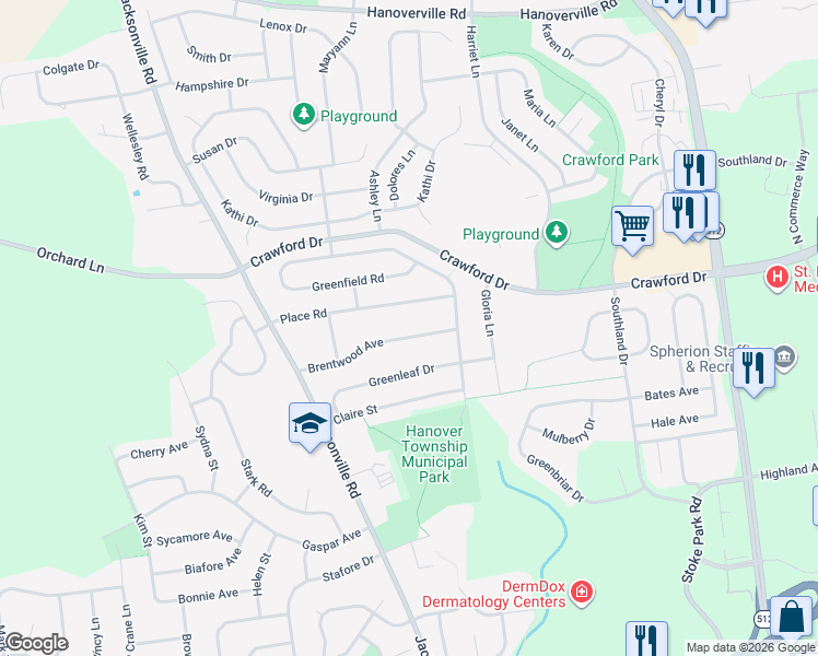map of restaurants, bars, coffee shops, grocery stores, and more near 939 Place Road in Bethlehem