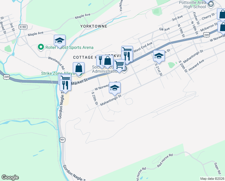 map of restaurants, bars, coffee shops, grocery stores, and more near 2301 West Norwegian Street in Pottsville