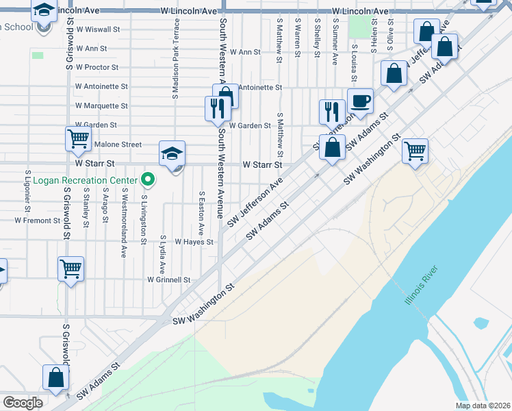 map of restaurants, bars, coffee shops, grocery stores, and more near 3014 Southwest Jefferson Avenue in Peoria