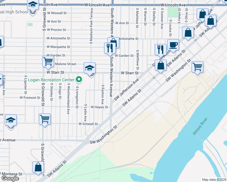map of restaurants, bars, coffee shops, grocery stores, and more near 1415 South Western Avenue in Peoria