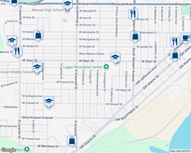 map of restaurants, bars, coffee shops, grocery stores, and more near 1415 South Westmoreland Avenue in Peoria