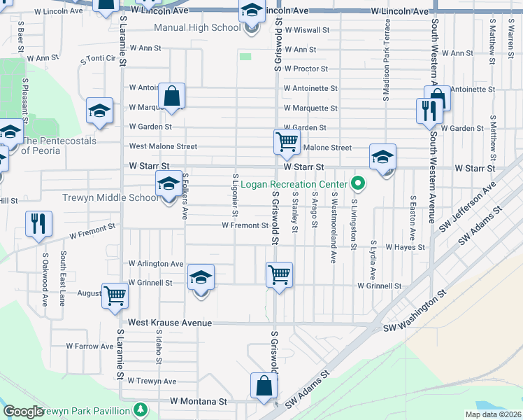 map of restaurants, bars, coffee shops, grocery stores, and more near 2517 West Humboldt Street in Peoria
