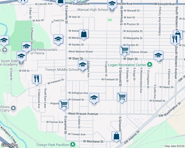map of restaurants, bars, coffee shops, grocery stores, and more near 2723 West Humboldt Street in Peoria