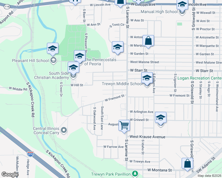 map of restaurants, bars, coffee shops, grocery stores, and more near 1421 S Lammers St in Peoria