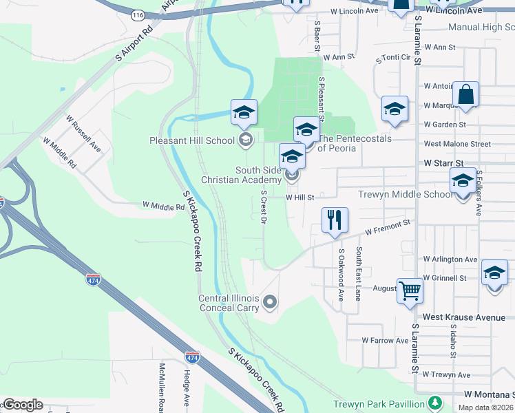 map of restaurants, bars, coffee shops, grocery stores, and more near 1405 South Crest Drive in Peoria