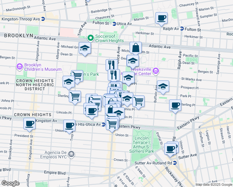 map of restaurants, bars, coffee shops, grocery stores, and more near 187 Utica Avenue in Brooklyn