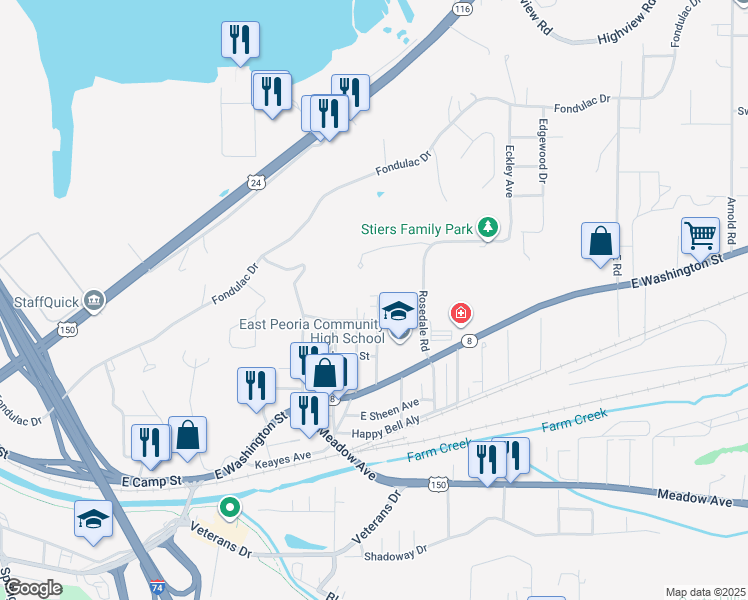 map of restaurants, bars, coffee shops, grocery stores, and more near 100 Woodrow Drive in East Peoria