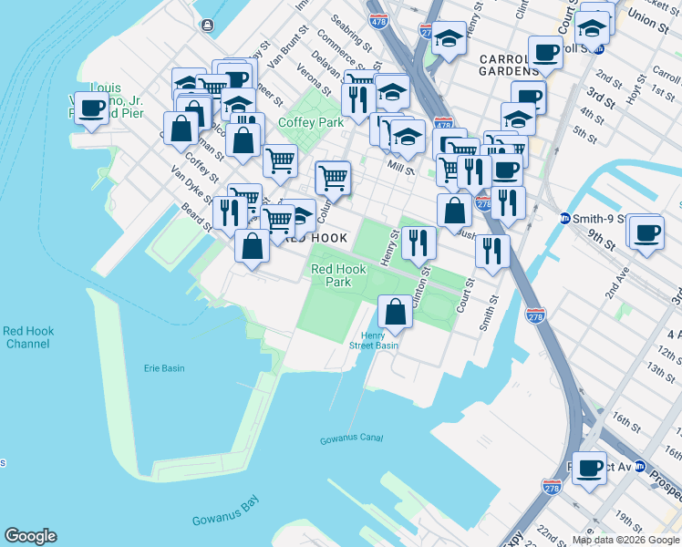 map of restaurants, bars, coffee shops, grocery stores, and more near 158 Bay Street in Brooklyn